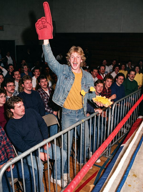Nacho Ned in the front row with a red foam finger and a tray of nachos